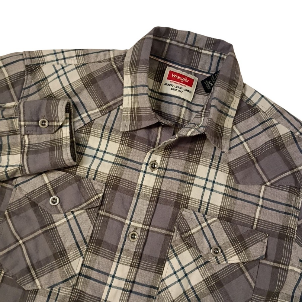 Wrangler Western Shirt Mens Small Gray Plaid Double Flap Pockets Metal‎ Buttons